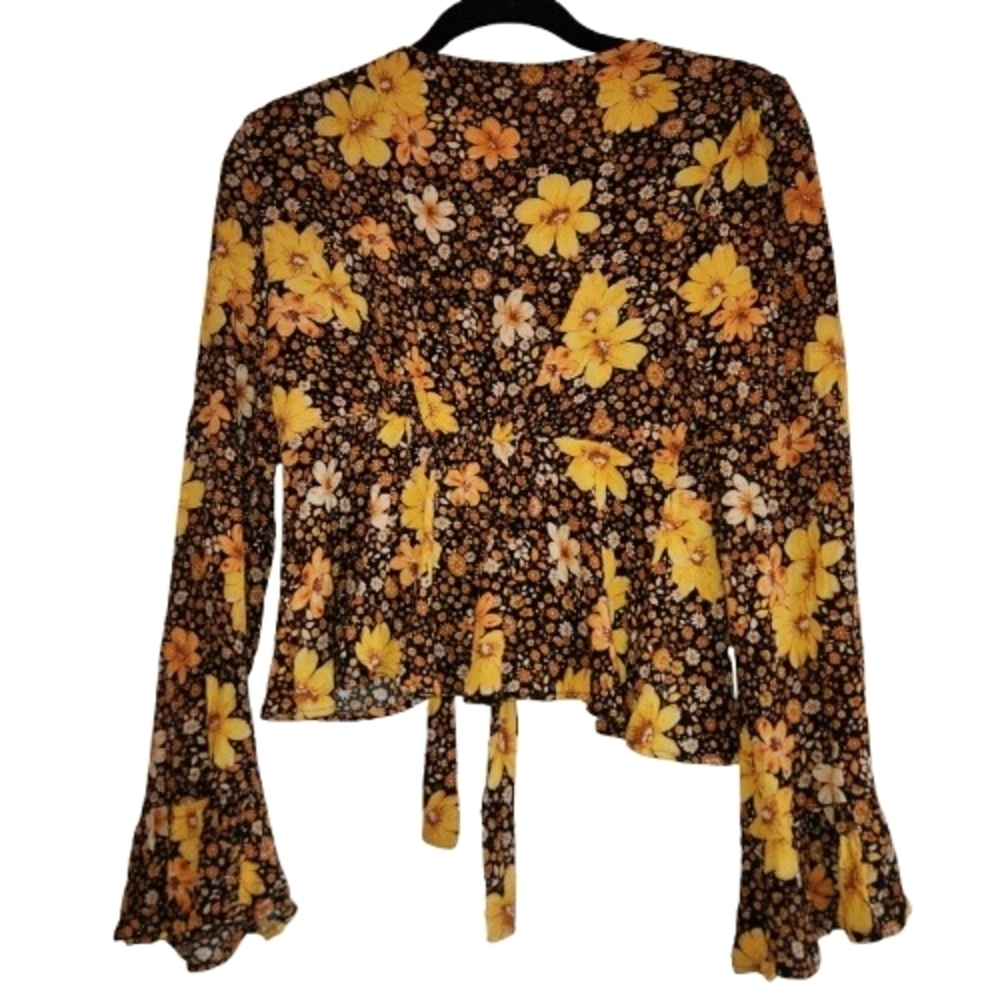 NWT Miami Yellow Brown & Black Floral Blouse Front Tie Size S Bell Long Sleeves - Picture 2 of 10